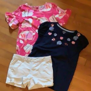 Pink floral, navy floral shirt, white shorts
